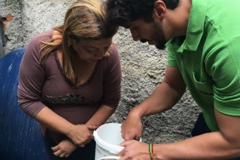 Gabriel and Rita examine a bucket containing mosquito eggs.